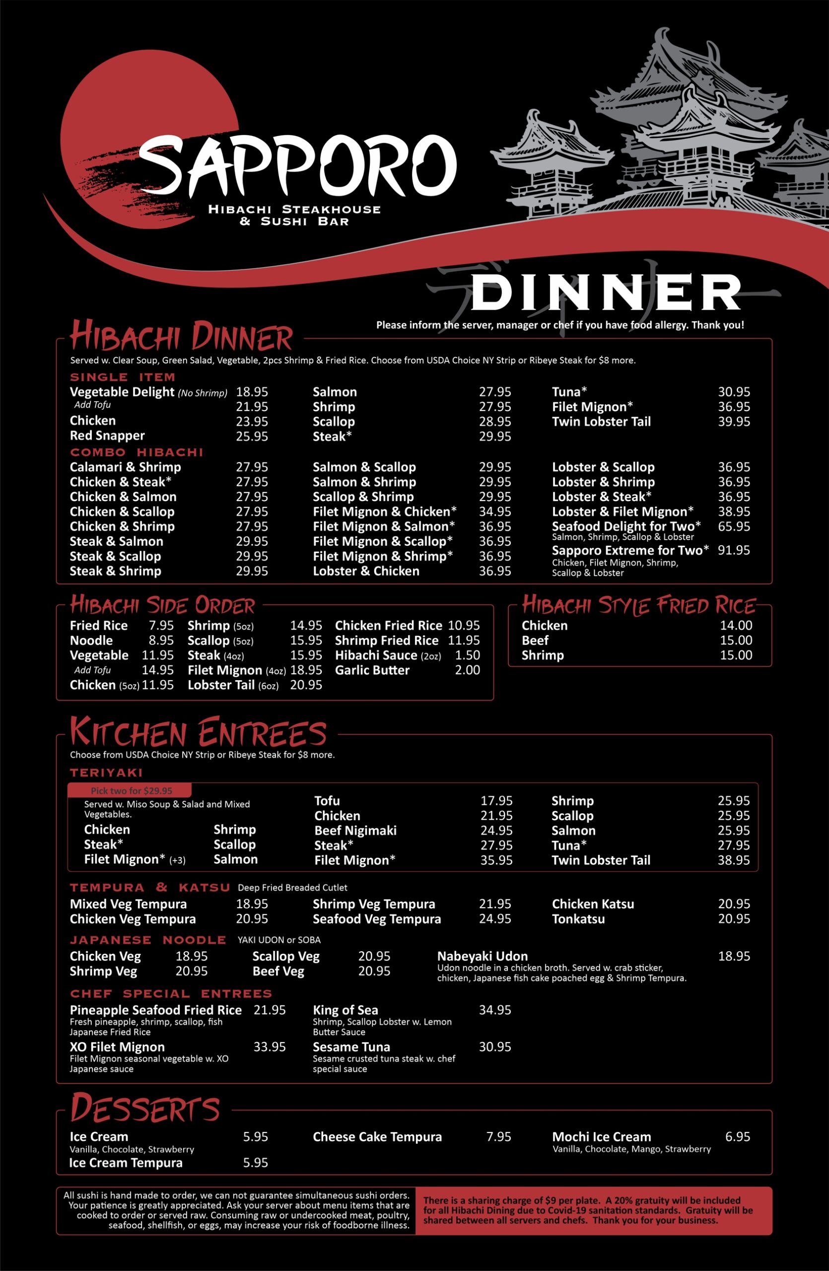 Dinner menu Sapporo Hibachi Steakhouse in Livonia