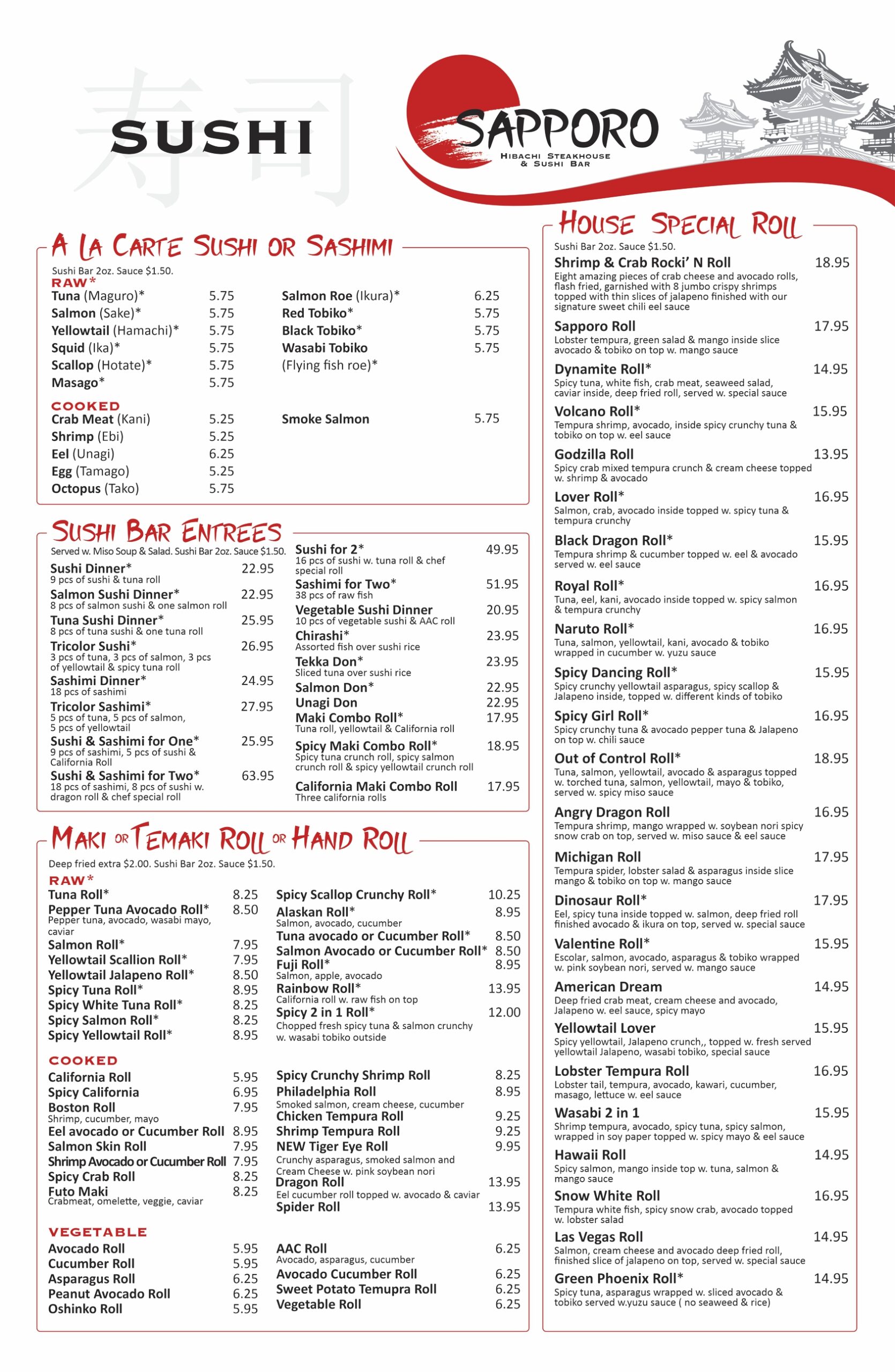 Sushi menu Sapporo Hibachi Steakhouse in Livonia